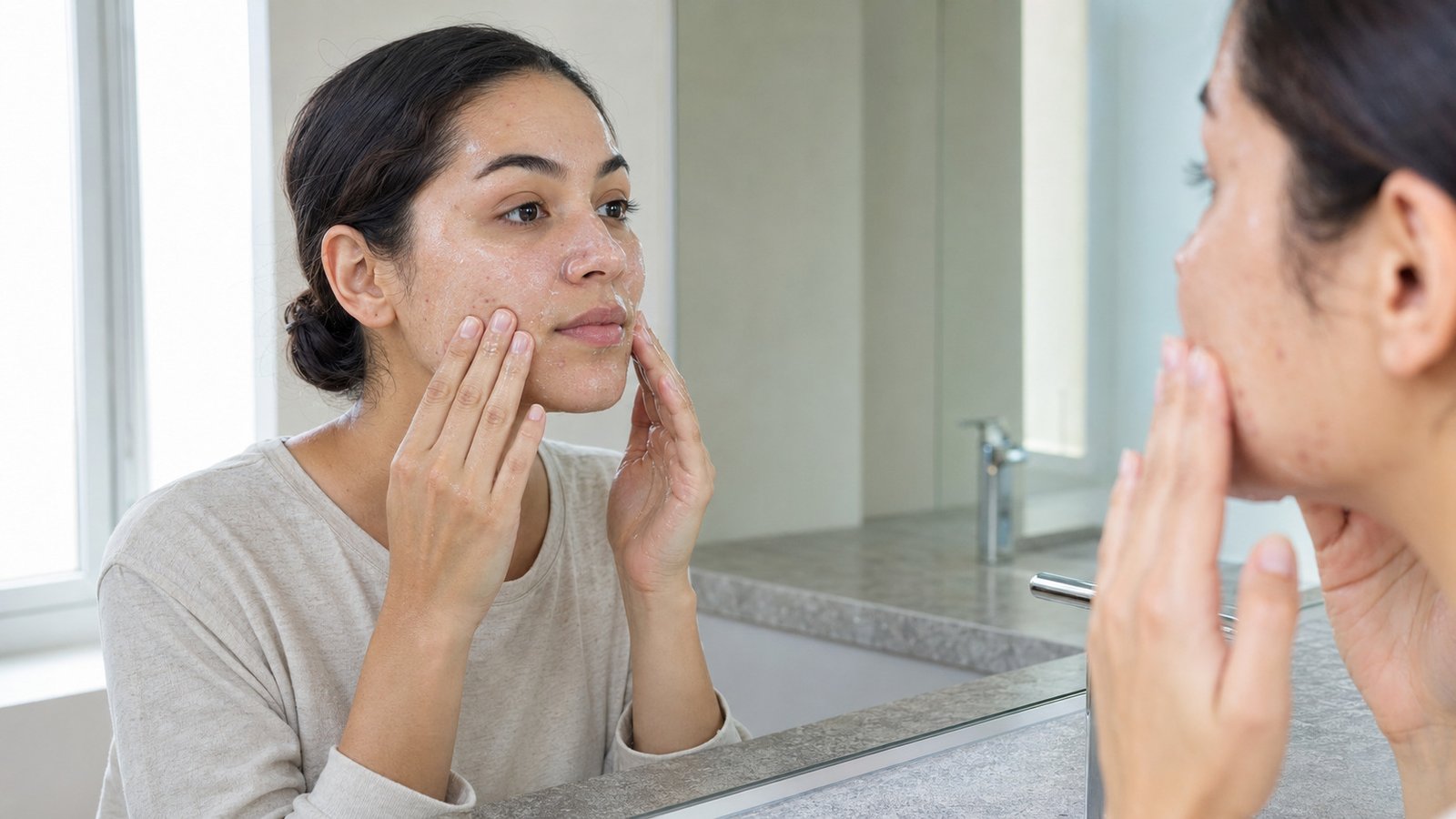 Woman using salicylic acid cleanser on oily and acne-prone skin