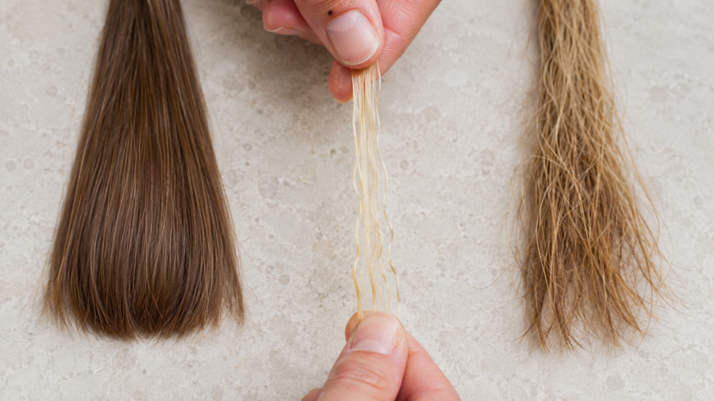 Healthy hair compared with stretchy bleach-damaged hair and stiff moisture-deprived hair