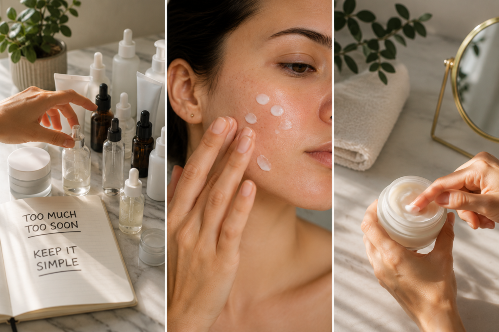 Common skin cycling mistakes including using too many products, applying too much retinoid, and skipping moisturizer.