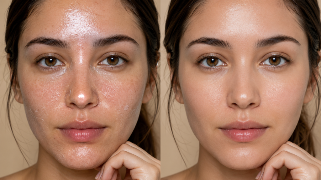 Side-by-side comparison of dehydrated oily summer skin and healthy balanced hydrated skin with smoother texture.