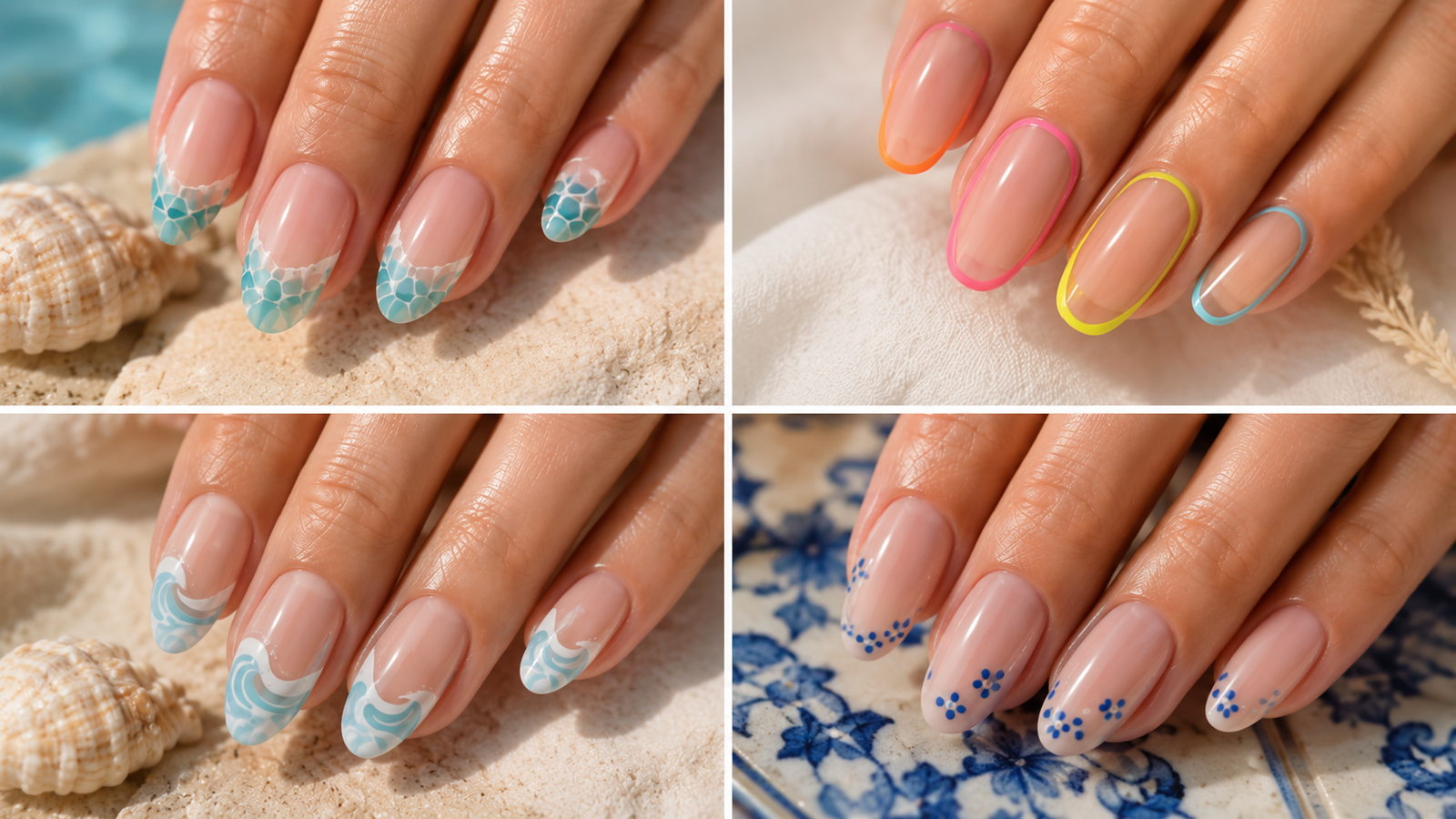 Luxury summer manicure featuring modern coastal and neon-inspired nail designs with elegant editorial styling.