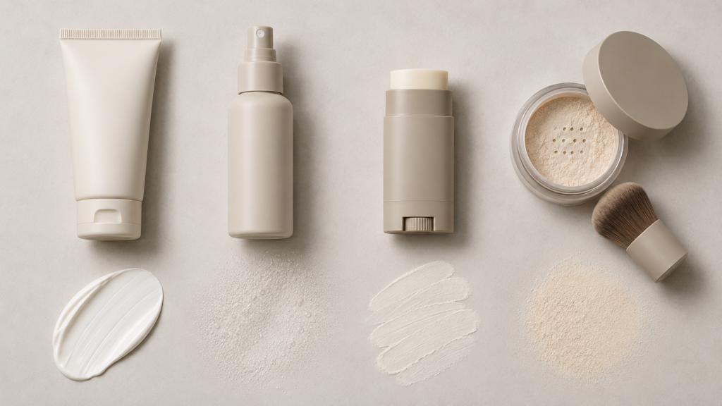 Comparison of sunscreen lotion, mist, stick, and powder application formats.