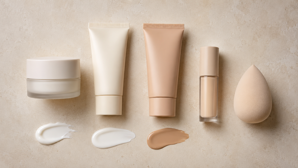Facial sunscreen arranged before skin tint and makeup in the correct application order.