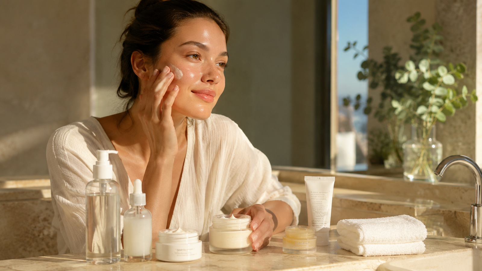 Woman following a ceramide skincare routine to repair a damaged skin barrier.