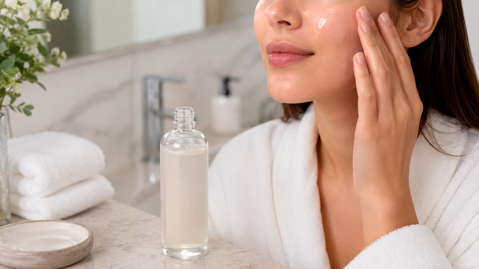 Person applying fermented skincare essence to support a healthy skin barrier.