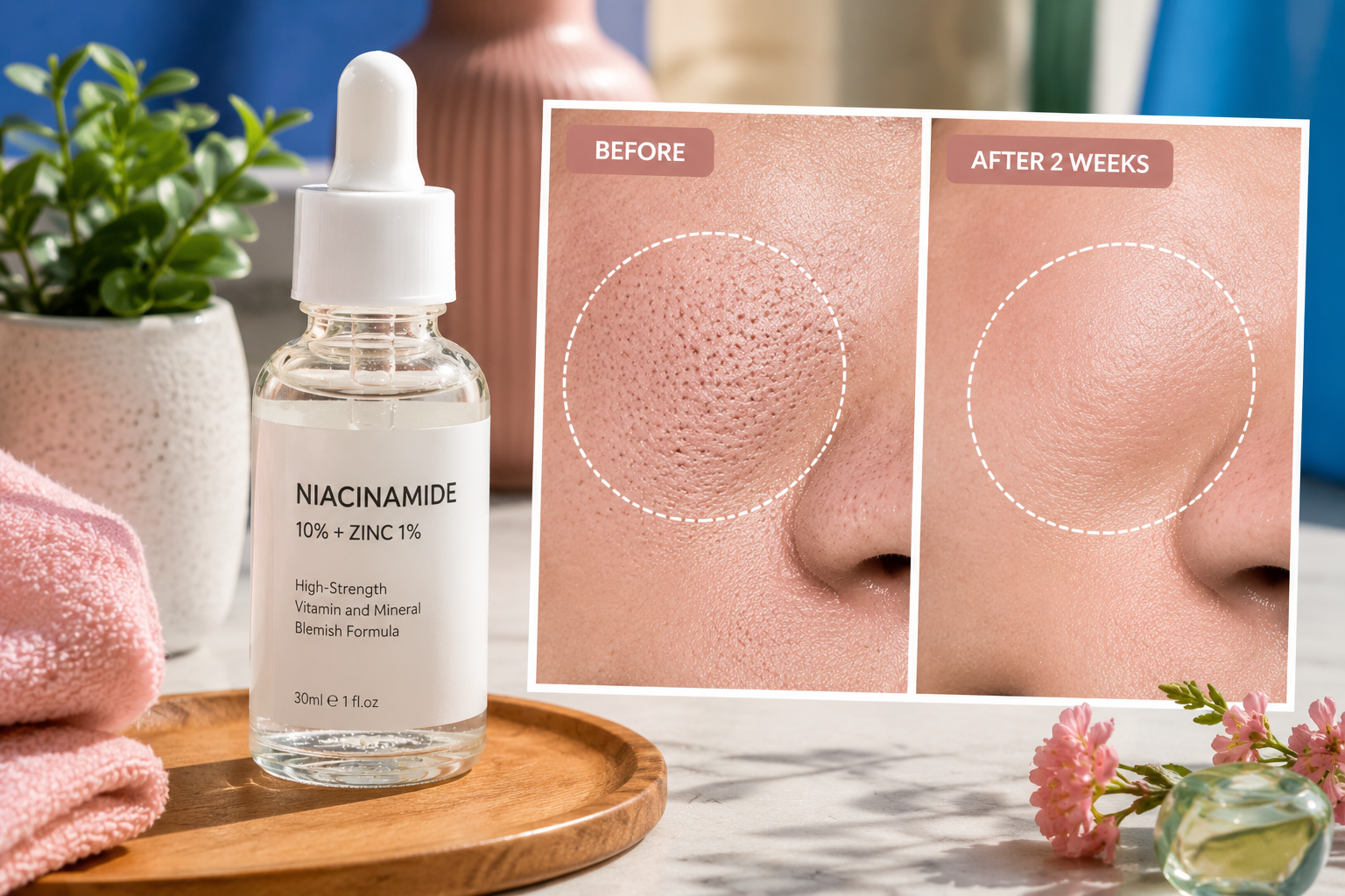 Realistic skincare illustration showing a four-step morning niacinamide routine, including gentle cleansing, applying niacinamide serum, moisturizing, and sunscreen application. The routine highlights consistent daily skincare to promote the appearance of clearer, smoother-looking pores over time.