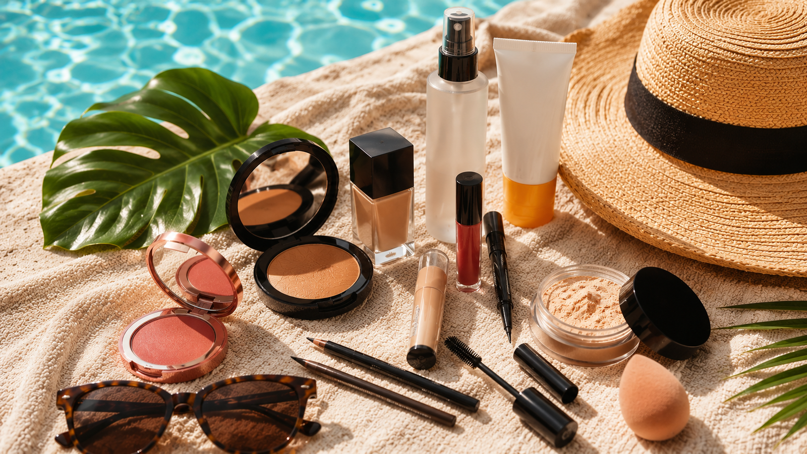 Waterproof makeup products arranged on a beige beach towel beside a swimming pool with sunscreen, sunglasses, a straw hat, and tropical leaves in bright summer sunlight.