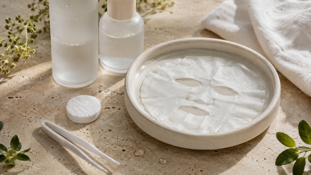 Compression sheet mask shown before and after expanding in hydrating essence.