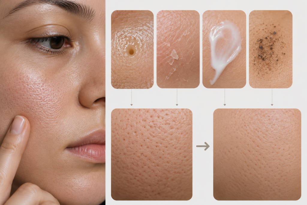 Realistic close-up of facial pores showing how oil, dead skin, sunscreen residue, and congestion can make pores appear larger than they really are.