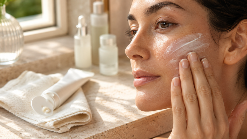 Woman applying sunscreen lotion evenly across her face for complete daily sun protection.