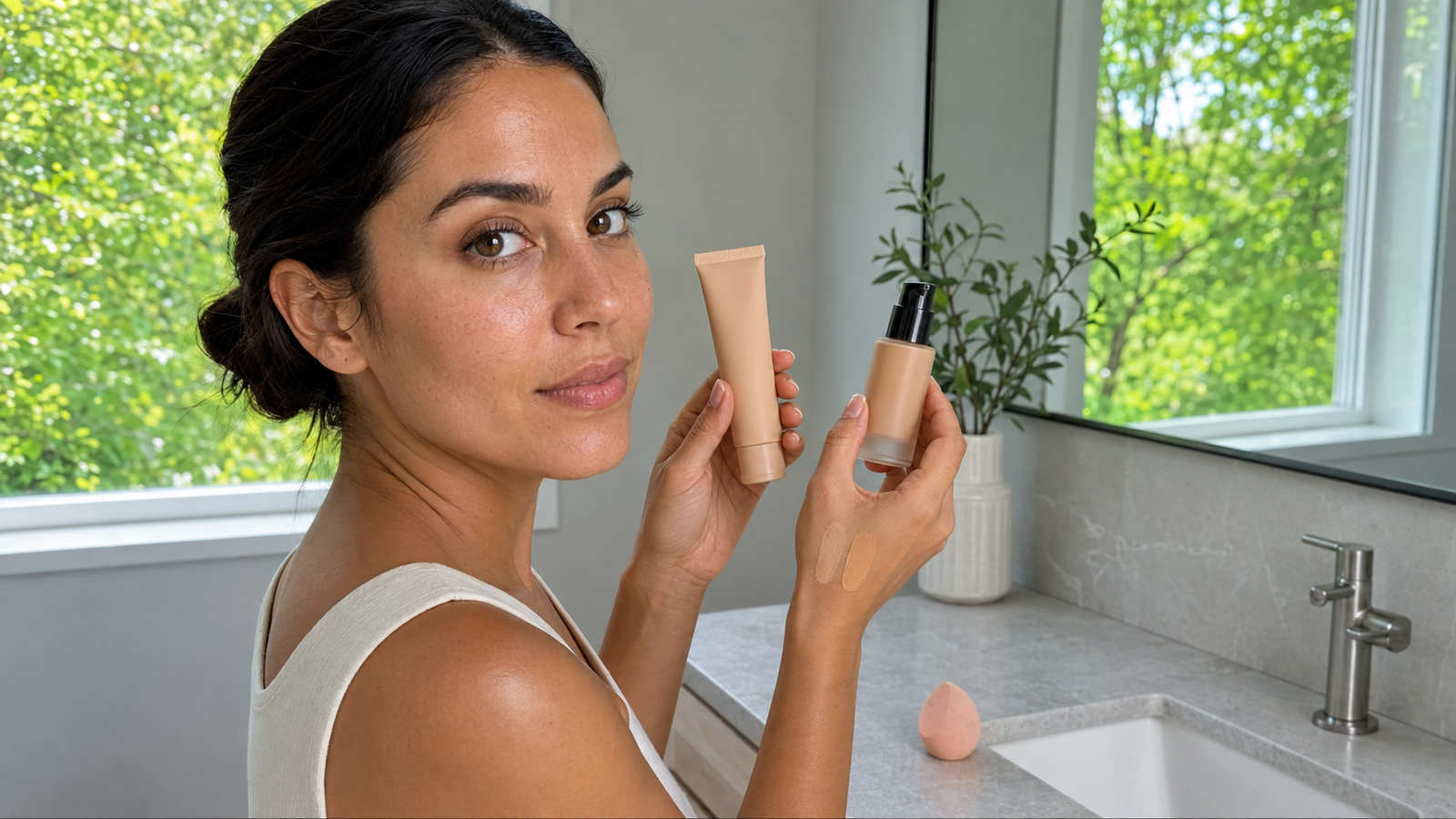 Woman choosing between tinted sunscreen and foundation for a hot day