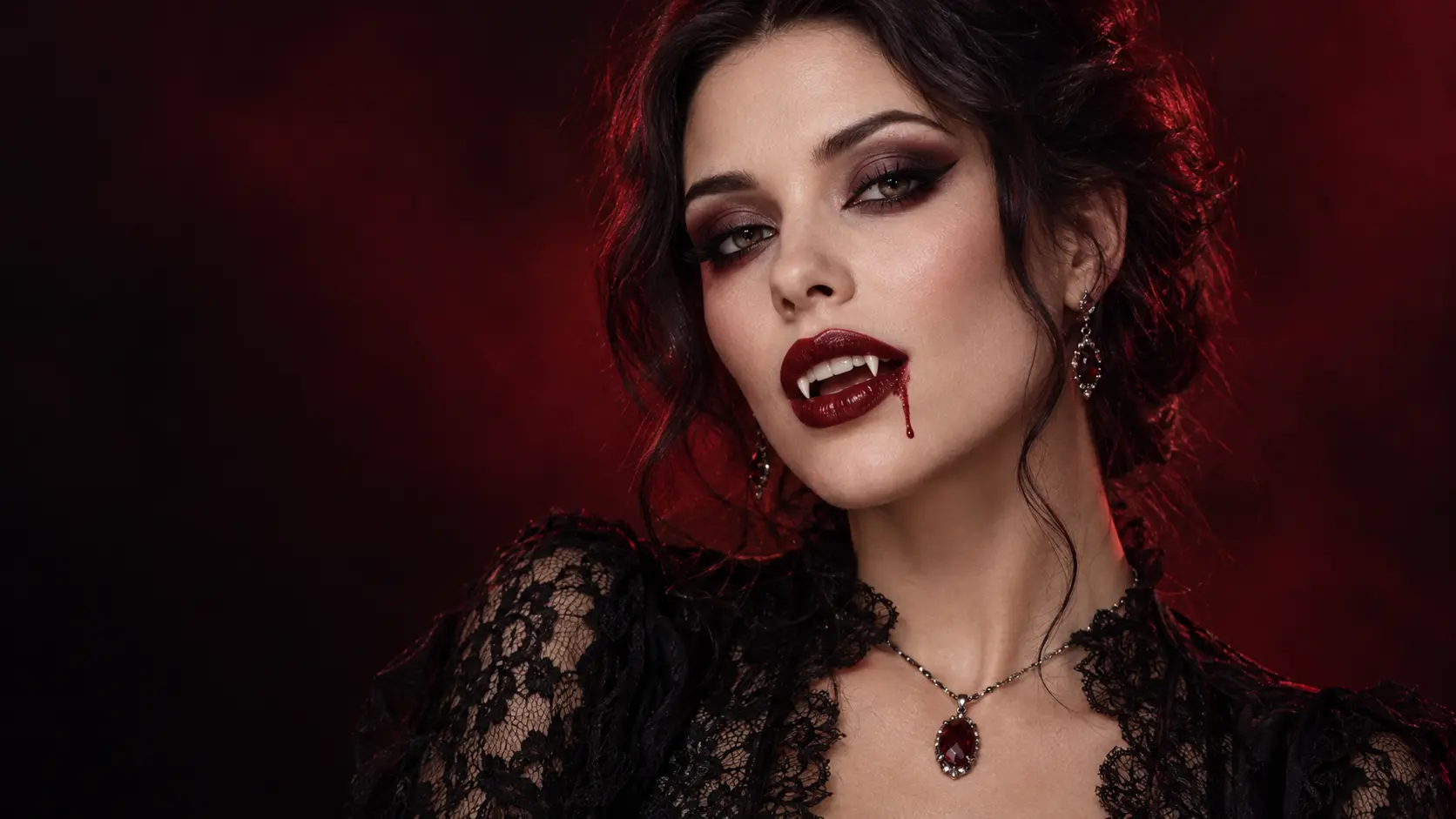 10 vampire makeup ideas featuring a dark, glamorous look with smoky eyes, burgundy lips, subtle fangs, and gothic styling.