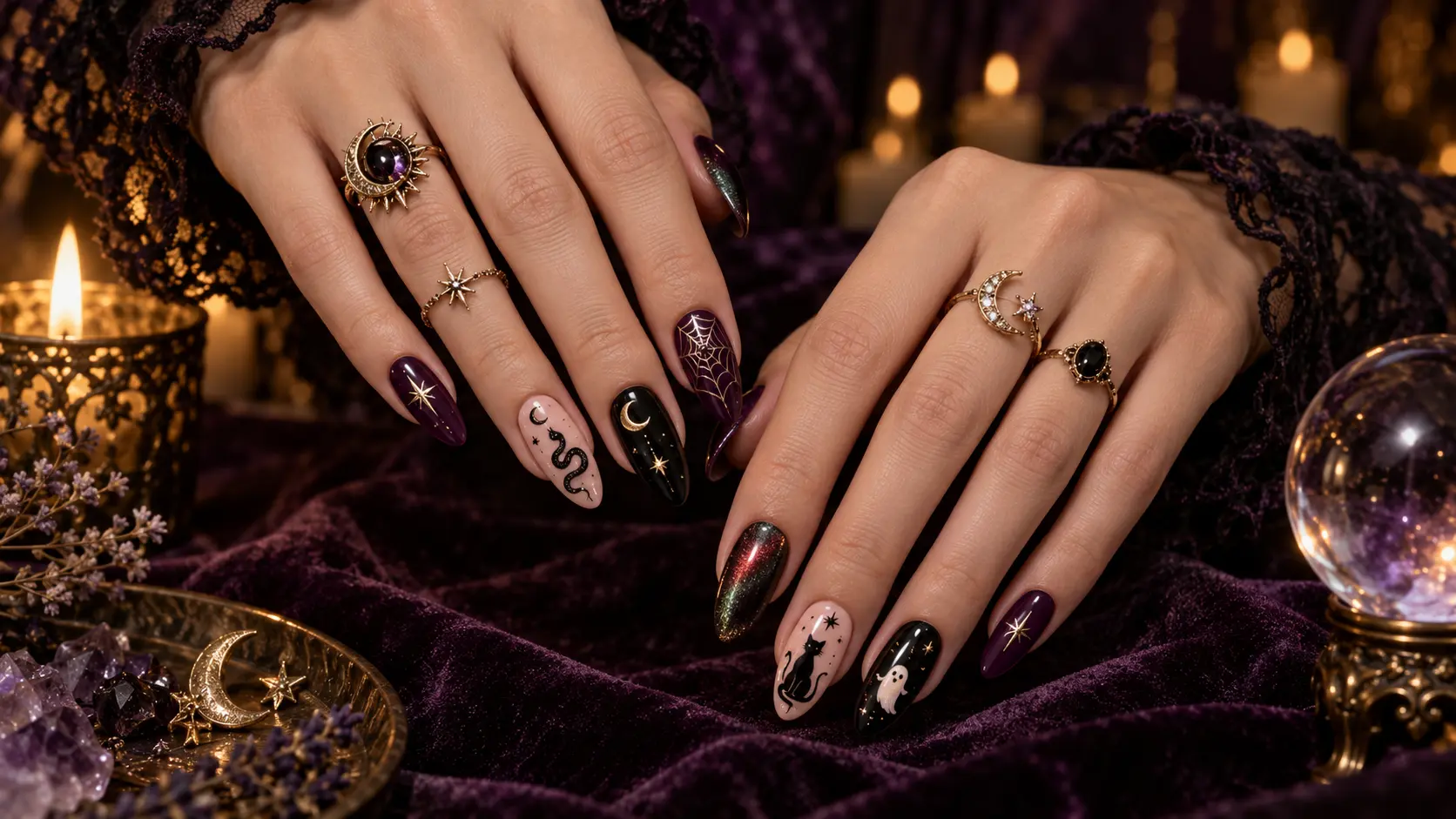 Elegant witchy nail designs featuring moons, stars, snakes, black cats, ghosts, spiderwebs, and purple gothic details.