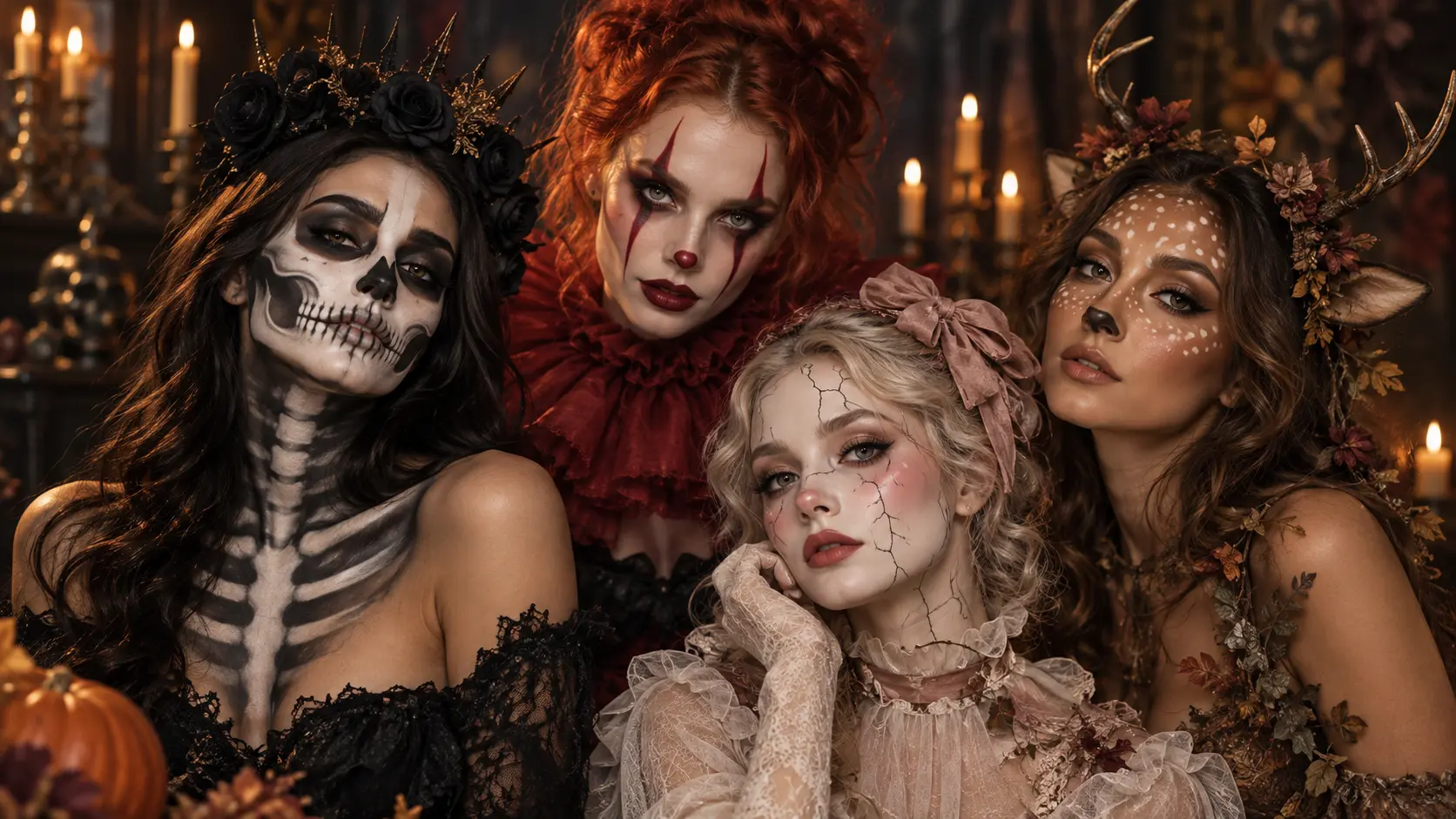 Four women wearing glamorous skeleton, red clown, cracked porcelain doll, and woodland deer Halloween makeup.