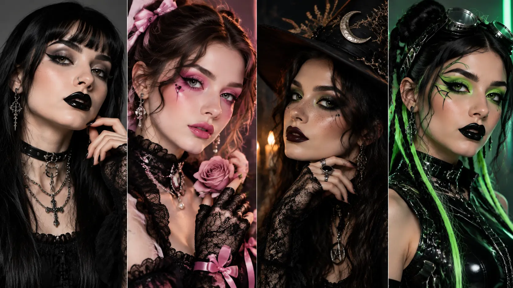 gothic makeup looks featuring classic black goth, romantic pink goth, witchy goth, and cyber neon goth styles in a dark beauty