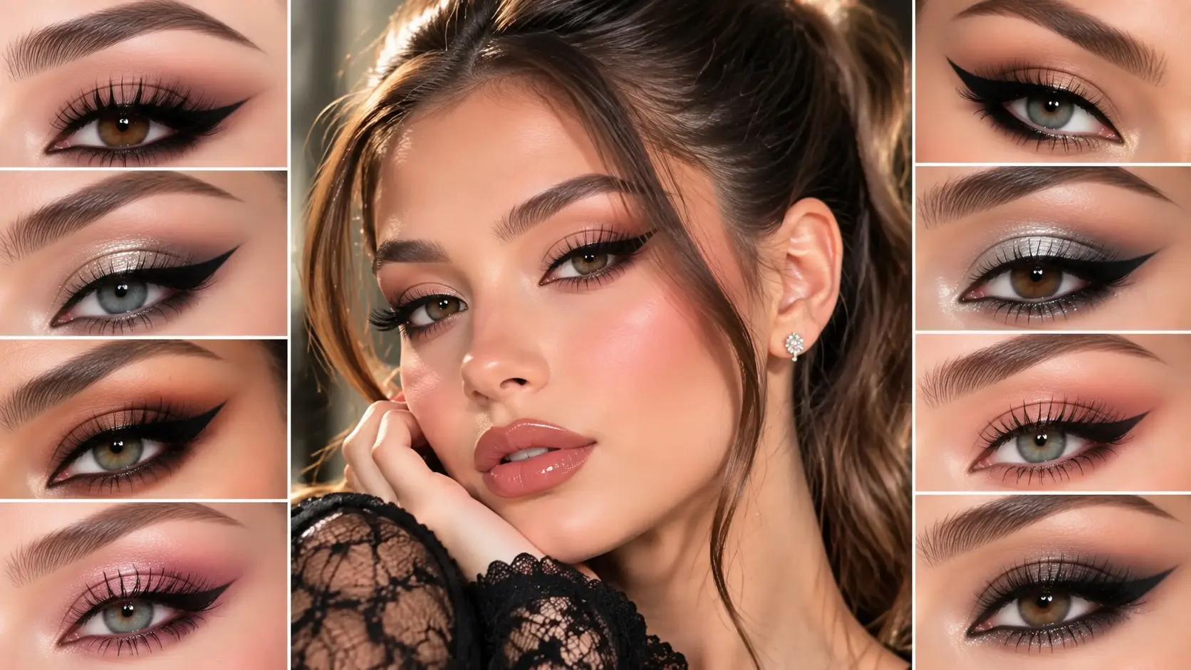 A glamorous cat makeup look featuring sharp winged eyeliner, defined lashes, and soft glam beauty style