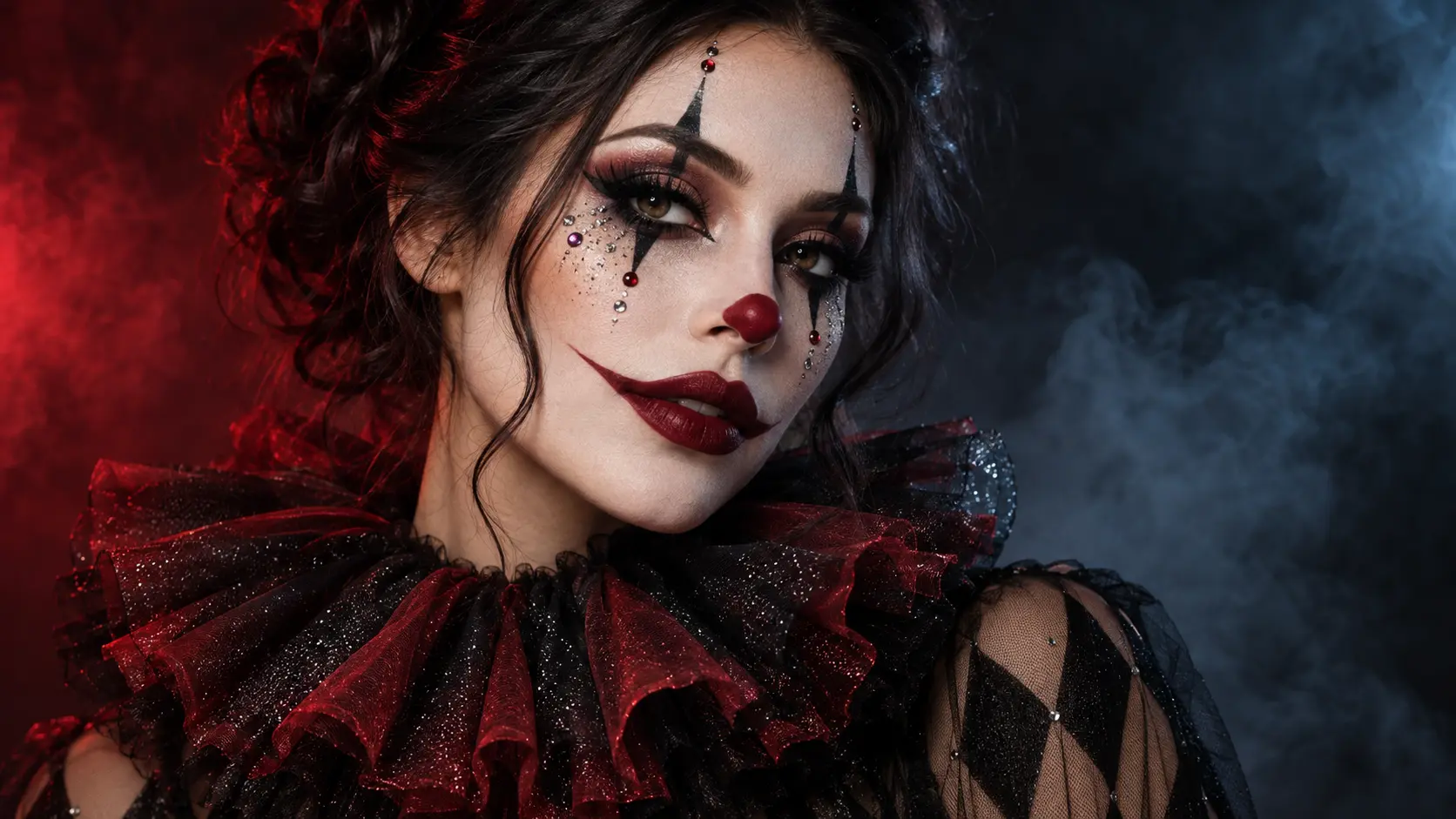 Glamorous woman wearing creative red, black, and white clown makeup for Halloween.