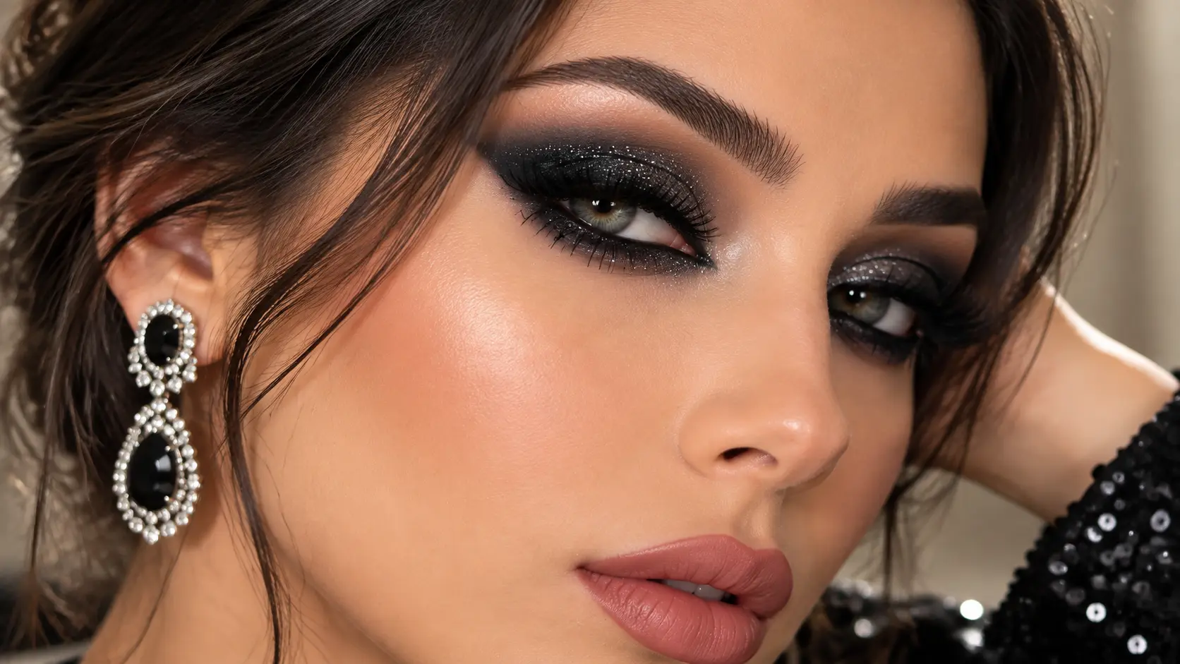 A creative black eye makeup look featuring dramatic smoky eyes, glitter details, and glamorous beauty style