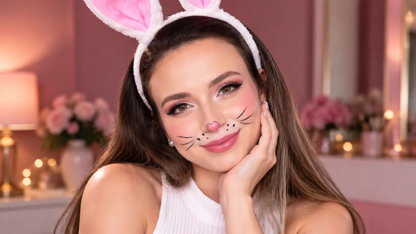 Cute bunny makeup look with pink ears, whisker details, glossy lips, and soft glam beauty style