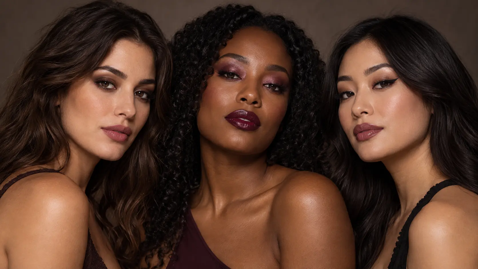 Three women wearing soft brown smoky eyes, burgundy shimmer makeup, and sharp black winged eyeliner.