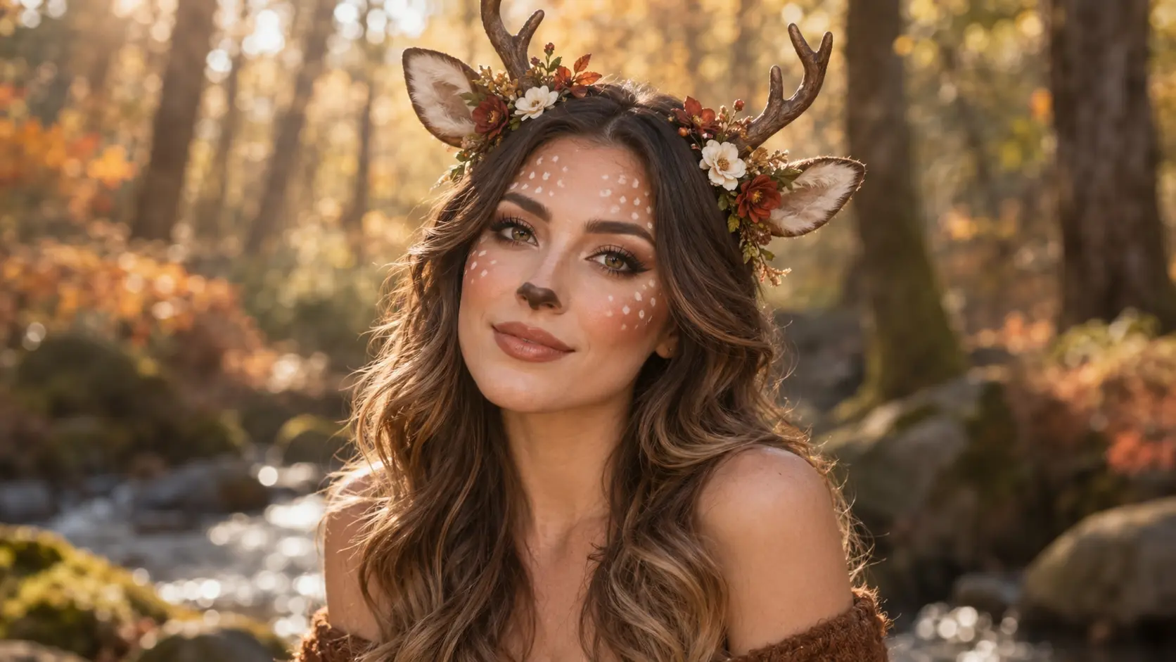 Deer makeup idea with white spots, a brown nose, antlers, and an autumn flower crown for Halloween.