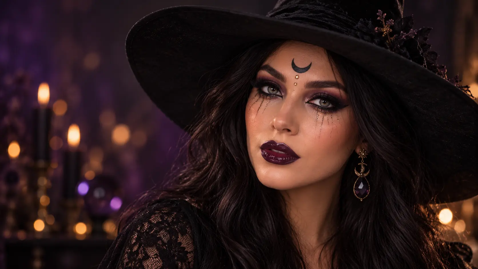 Woman wearing glamorous witch makeup with a crescent moon, glitter tears, dark lipstick, and a black witch hat.