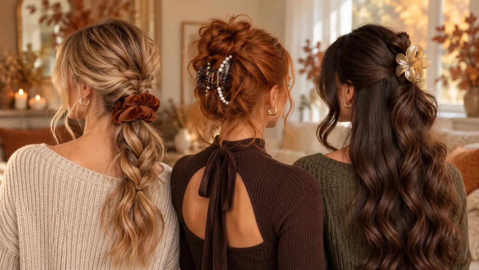 women showcasing braided, claw-clip, and half-up fall hairstyles in a warm autumn setting.