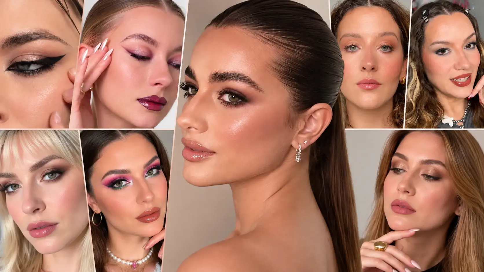 Hooded eye makeup ideas featuring soft glam, winged eyeliner, colorful eyeshadow, and modern eye makeup looks