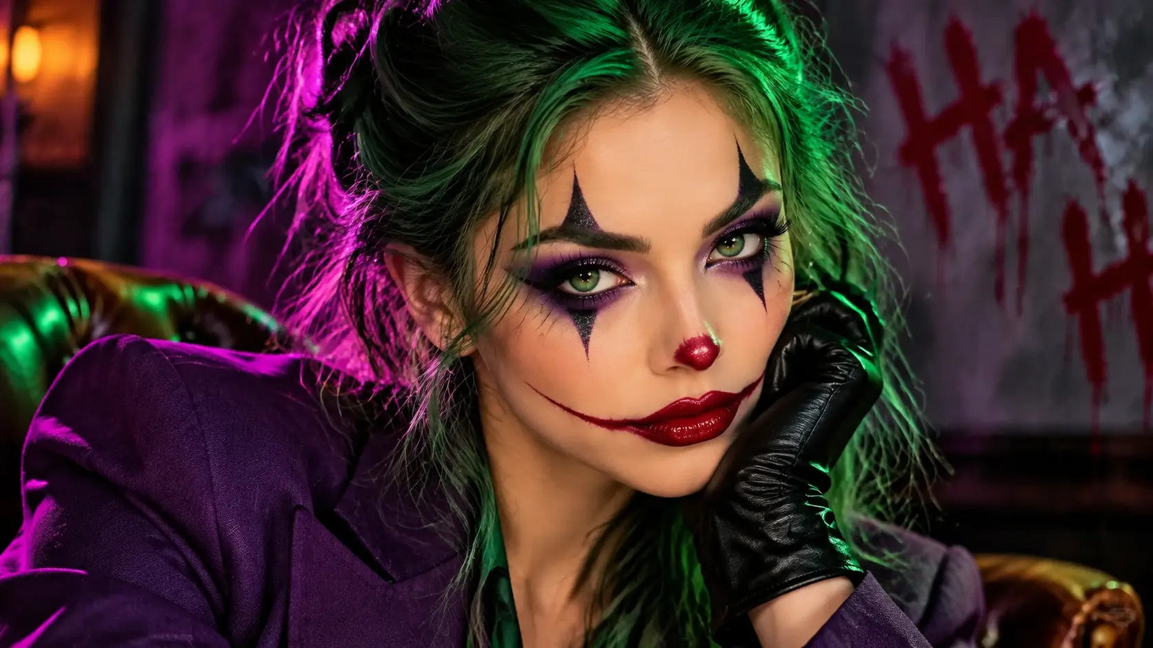 Cinematic Joker makeup look featuring green hair, purple eye makeup, dramatic red smile, and a glamorous dark character style with neon lighting.