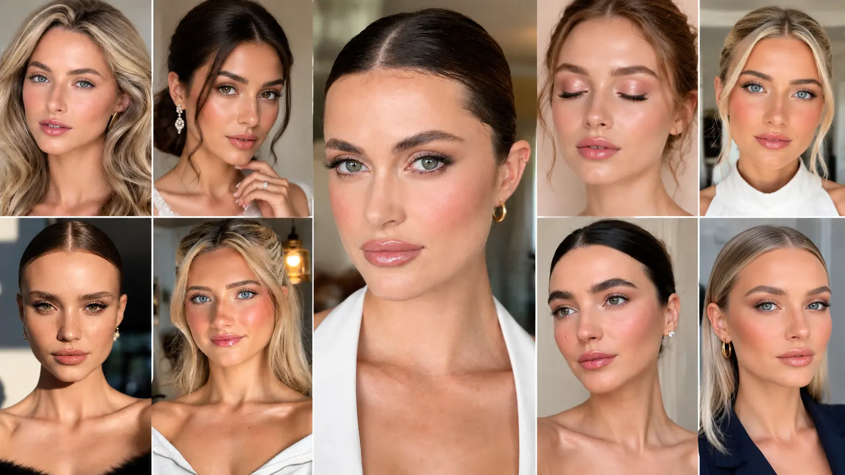 Collection of wearable natural makeup looks featuring dewy skin, soft blush, glossy lips, and minimalist beauty styles for this season