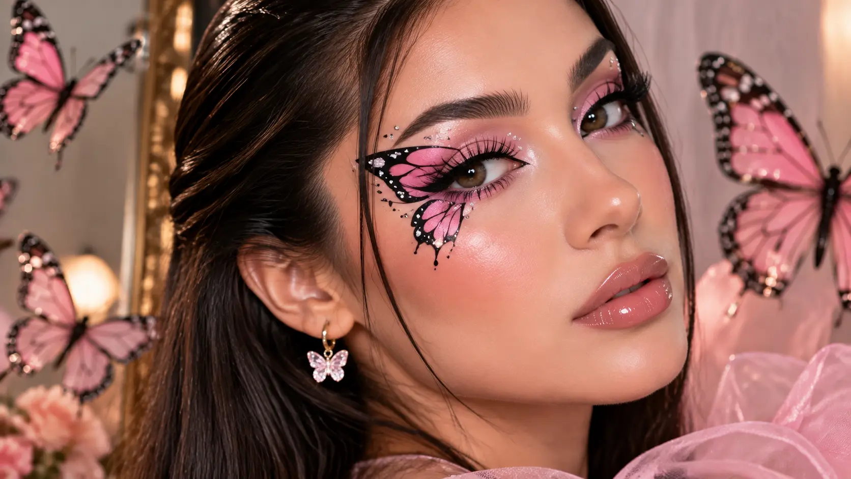 Pink and black butterfly makeup look featuring detailed wing-inspired eye makeup, crystal accents, glossy lips, and a glamorous beauty style