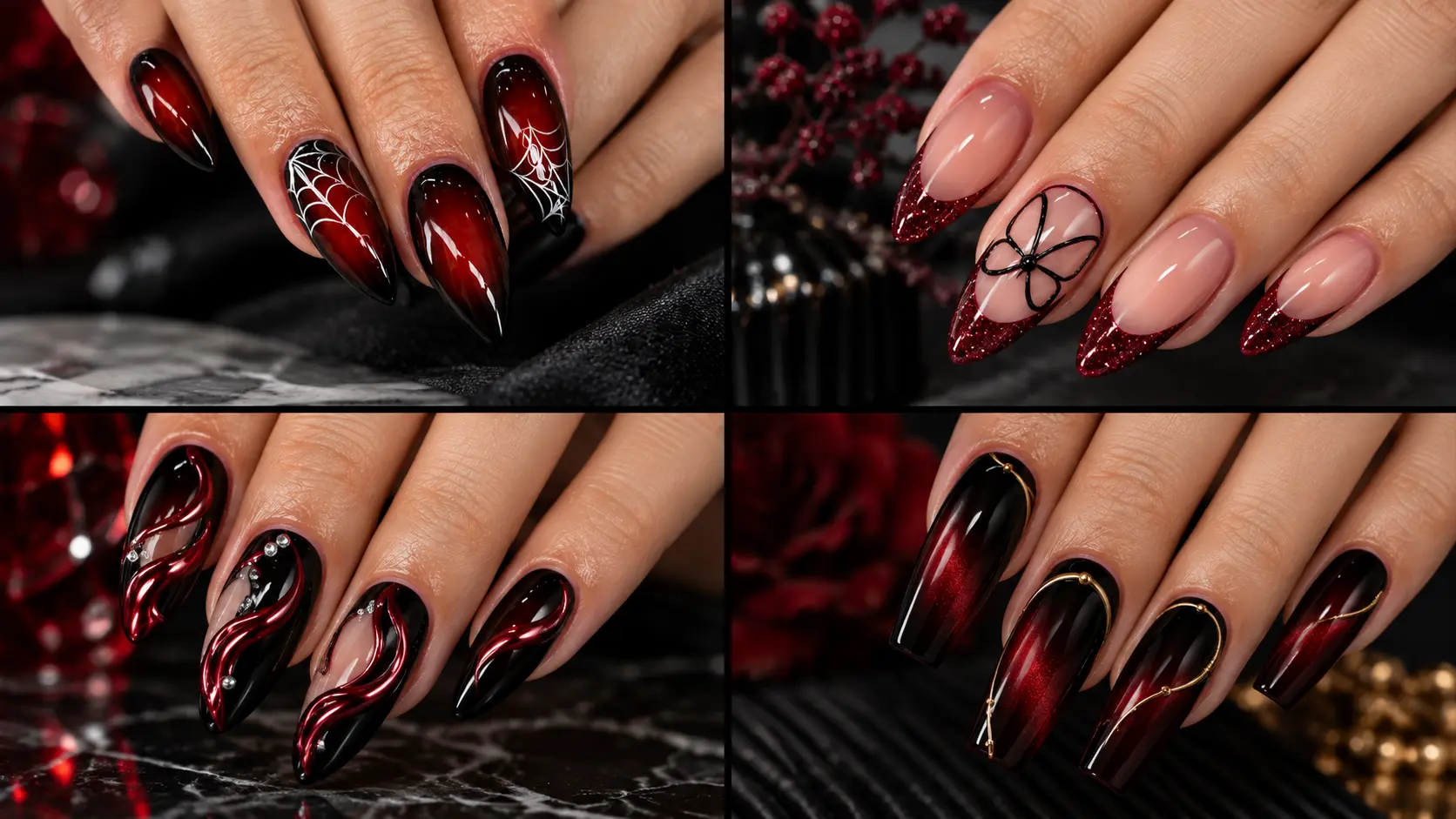 Elegant red and black nail designs featuring ombre, spiderweb, lace, flame, glitter, and floral accents.
