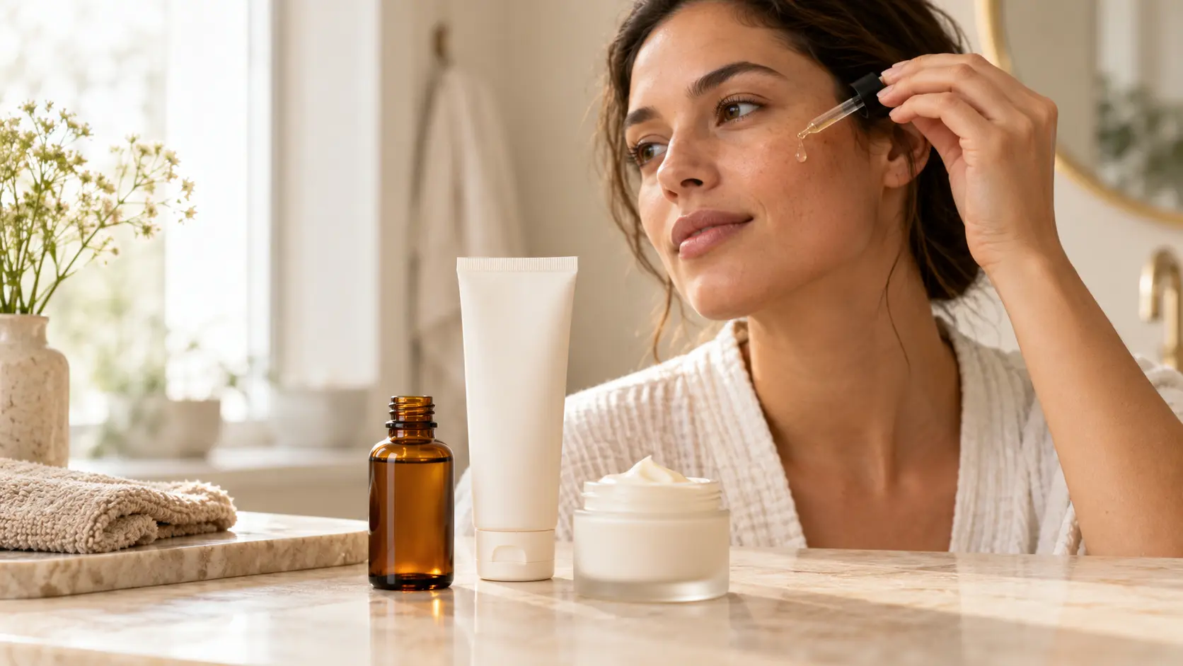 Woman applying retinol serum during a simple skincare routine with moisturizer and sunscreen on the bathroom counter.