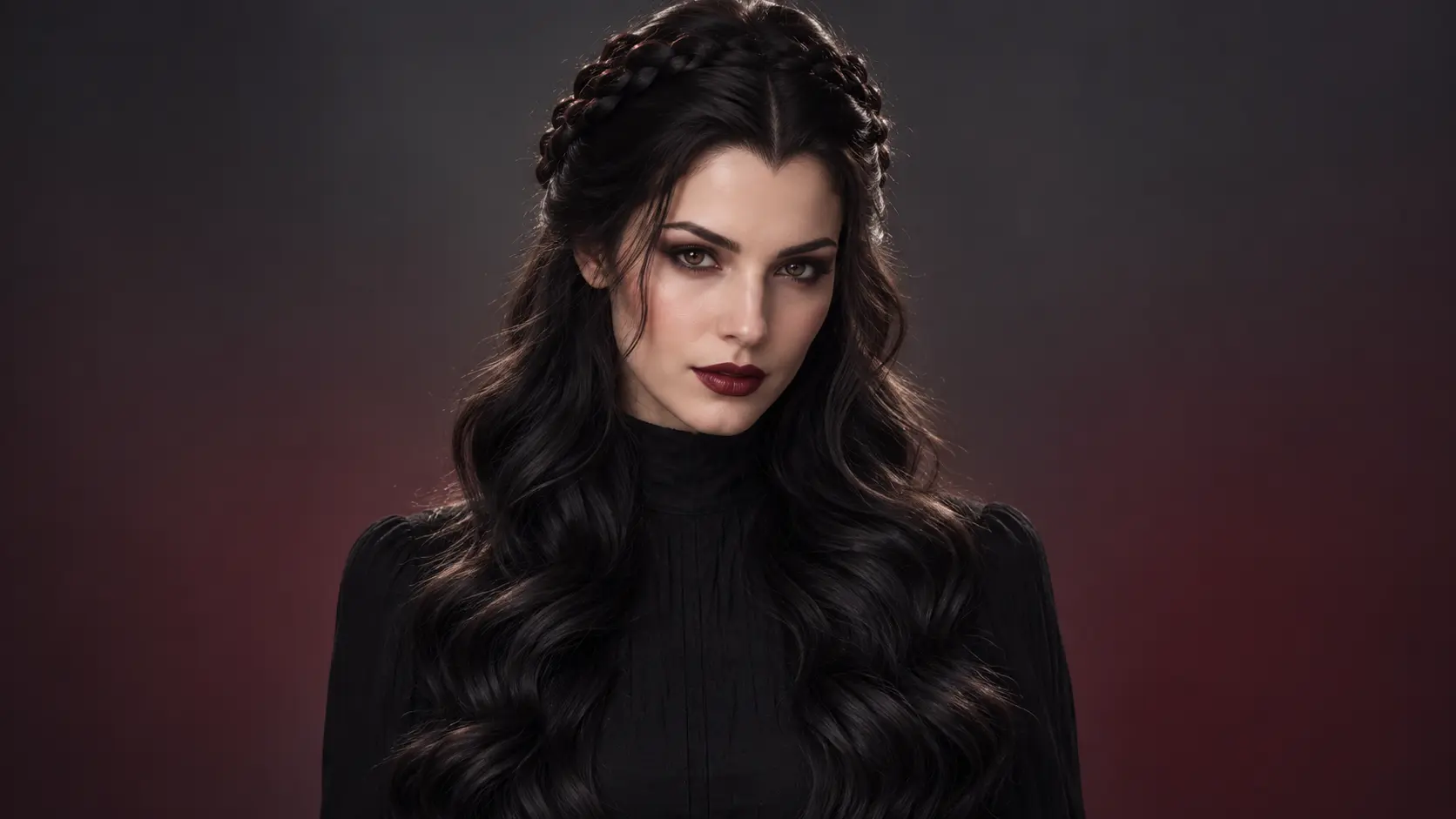 Woman showcasing an elegant braided vampire hairstyle with long black waves in a dark gothic setting.