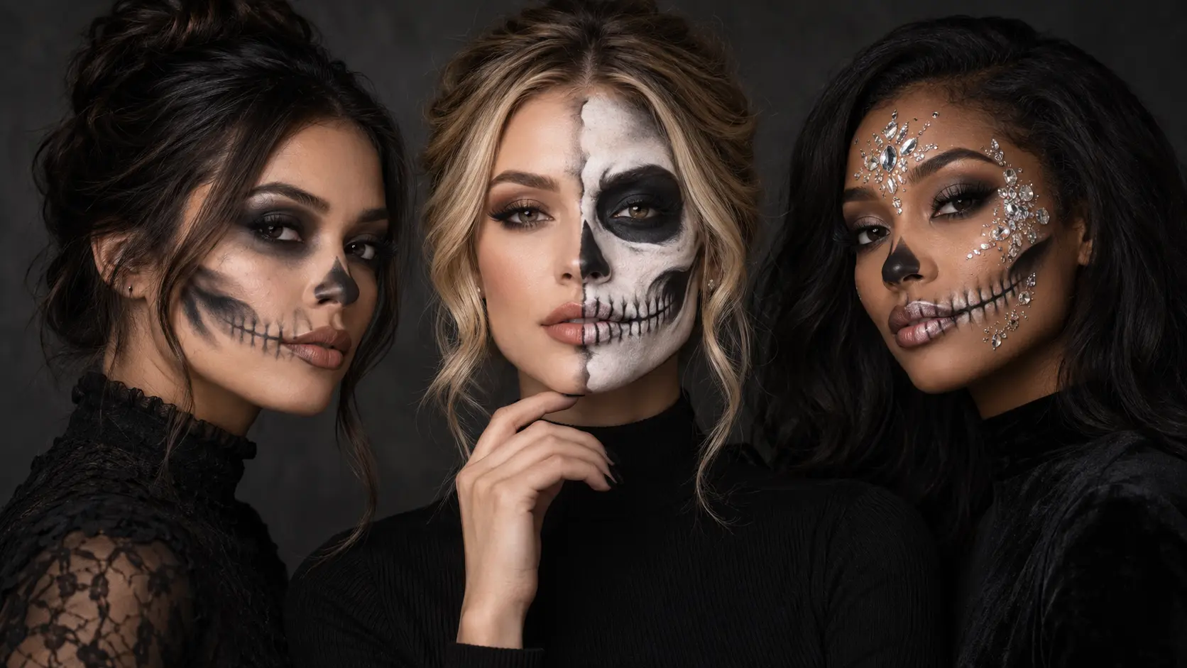 women showcasing wearable skeleton makeup looks with smoky, half-skull, and crystal details for Halloween.