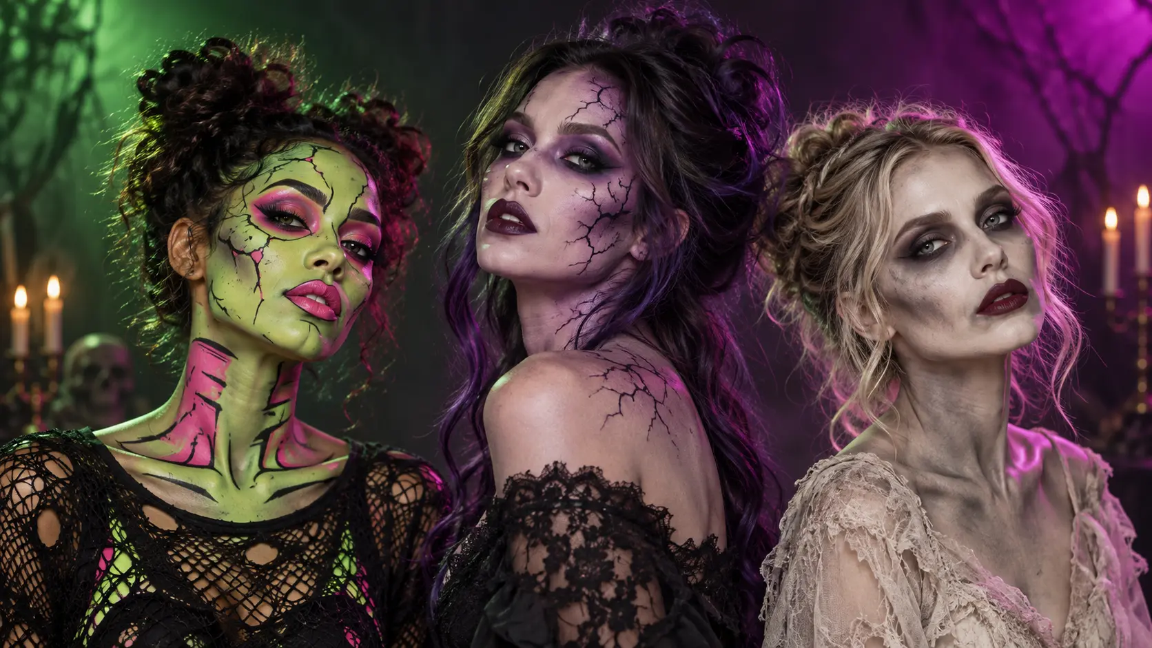 women wearing colorful neon, purple cracked, and classic zombie makeup looks for Halloween.