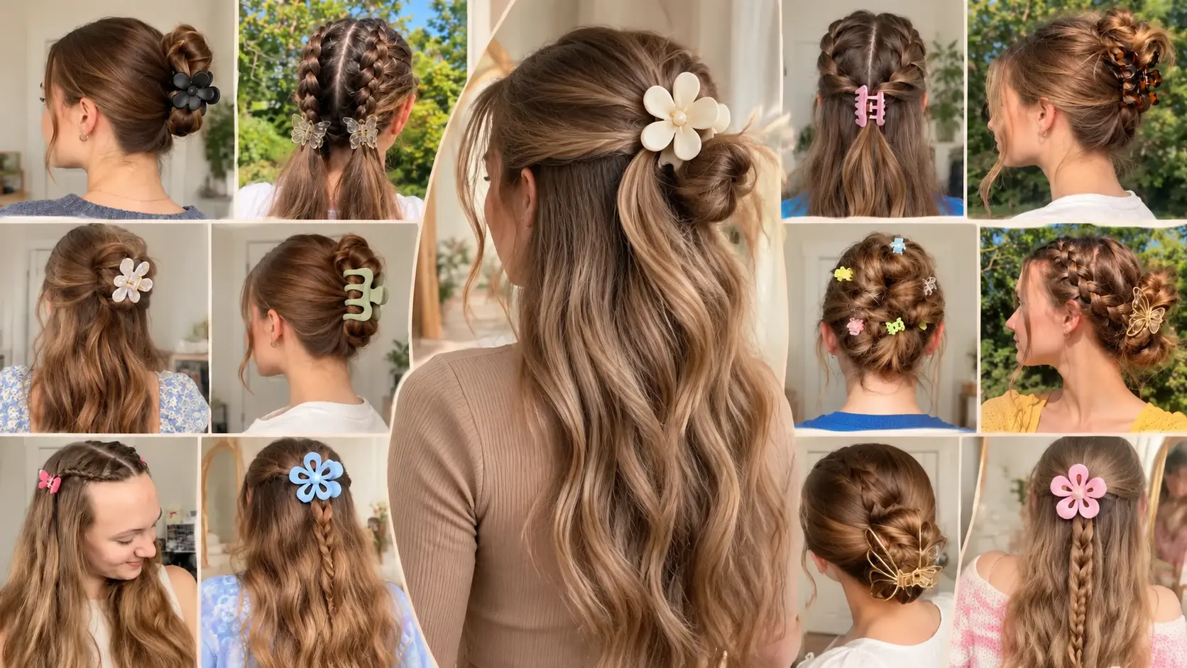 Collage of 10 cute claw clip hairstyles featuring braided buns, half-up twists, butterfly clips, and colorful flower hair accessories for easy everyday looks.