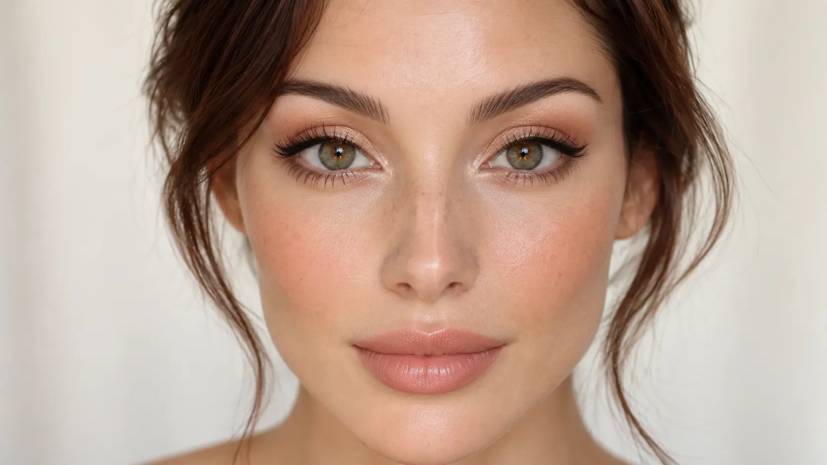 Woman wearing soft champagne doe eye makeup with fluttery lashes, subtle brown eyeliner, and bright inner corners.