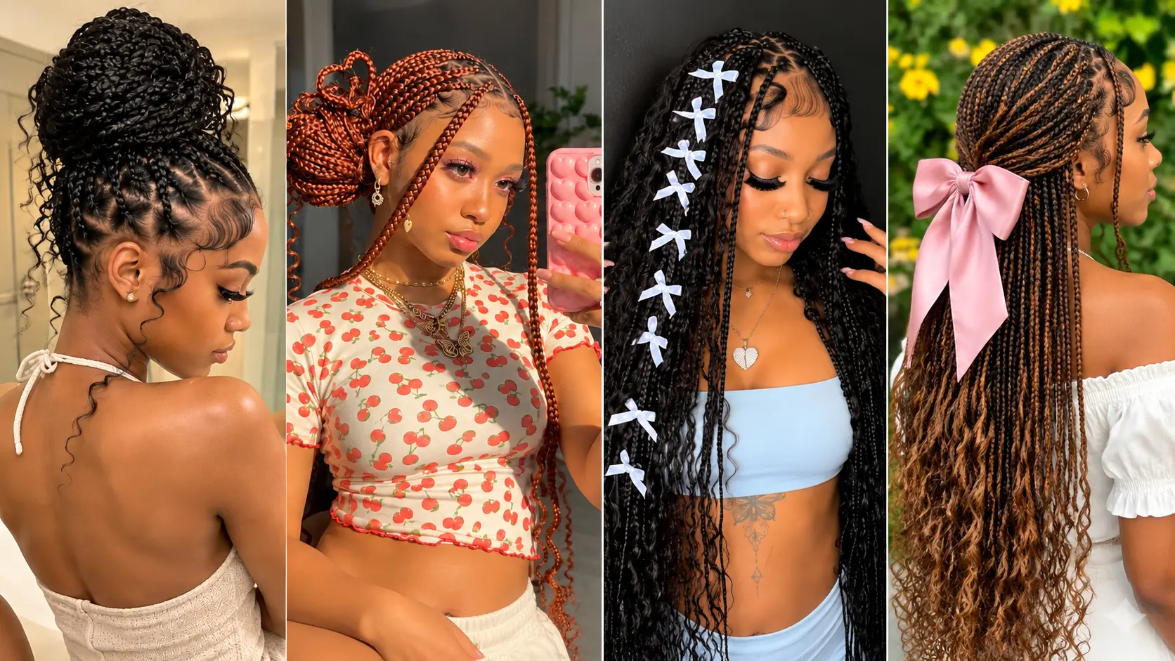 Four-photo collage of trendy knotless braids hairstyles featuring a curly high bun, copper braided bun, long knotless braids with white bows, and brown braids with a pink ribbon.