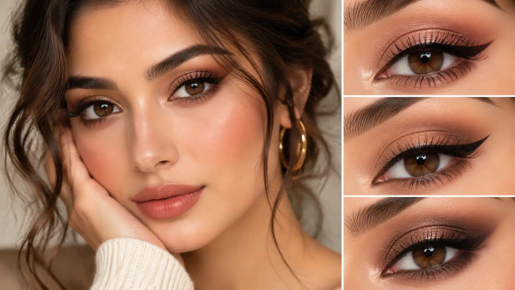 "Almond eye makeup featuring soft brown winged eyeliner, bronze eyeshadow, defined lashes, and three elegant eye makeup looks."