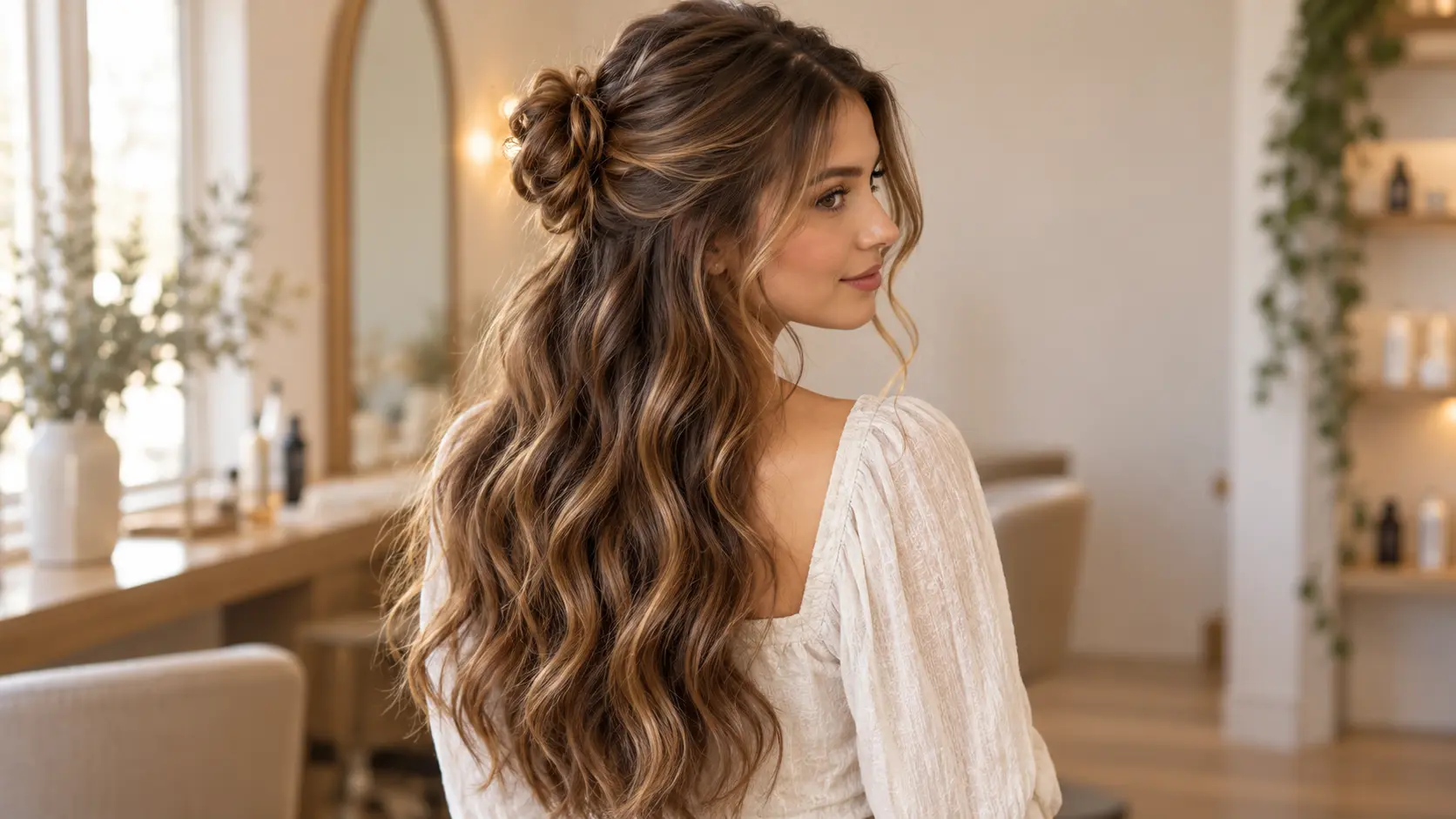 Long brunette beachy waves with caramel highlights styled in a loose half-up bun.