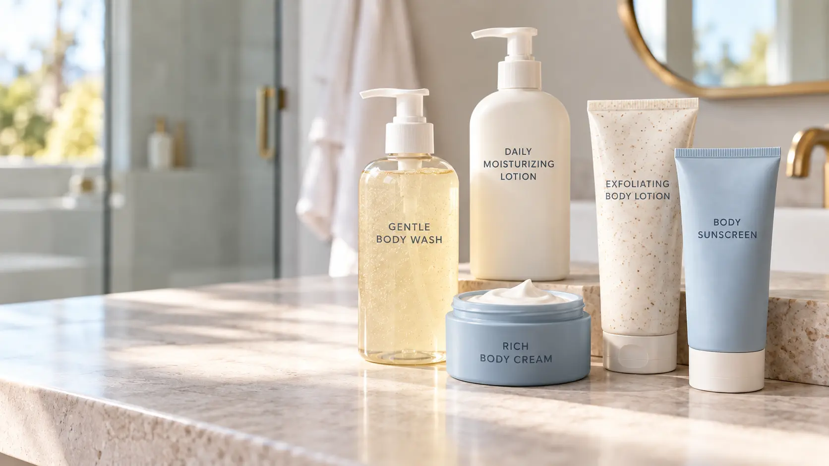 Body wash, moisturizing lotion, body cream, exfoliating lotion, and sunscreen arranged on a light stone bathroom counter.