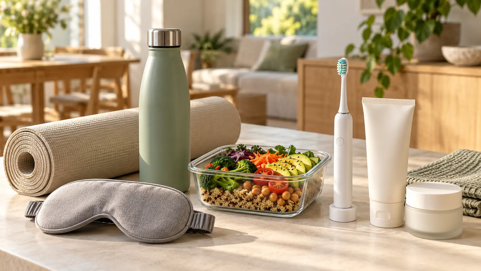 Wellness essentials on an ivory table, including a water bottle, yoga mat, sleep mask, meal-prep container, electric toothbrush, and skincare products.