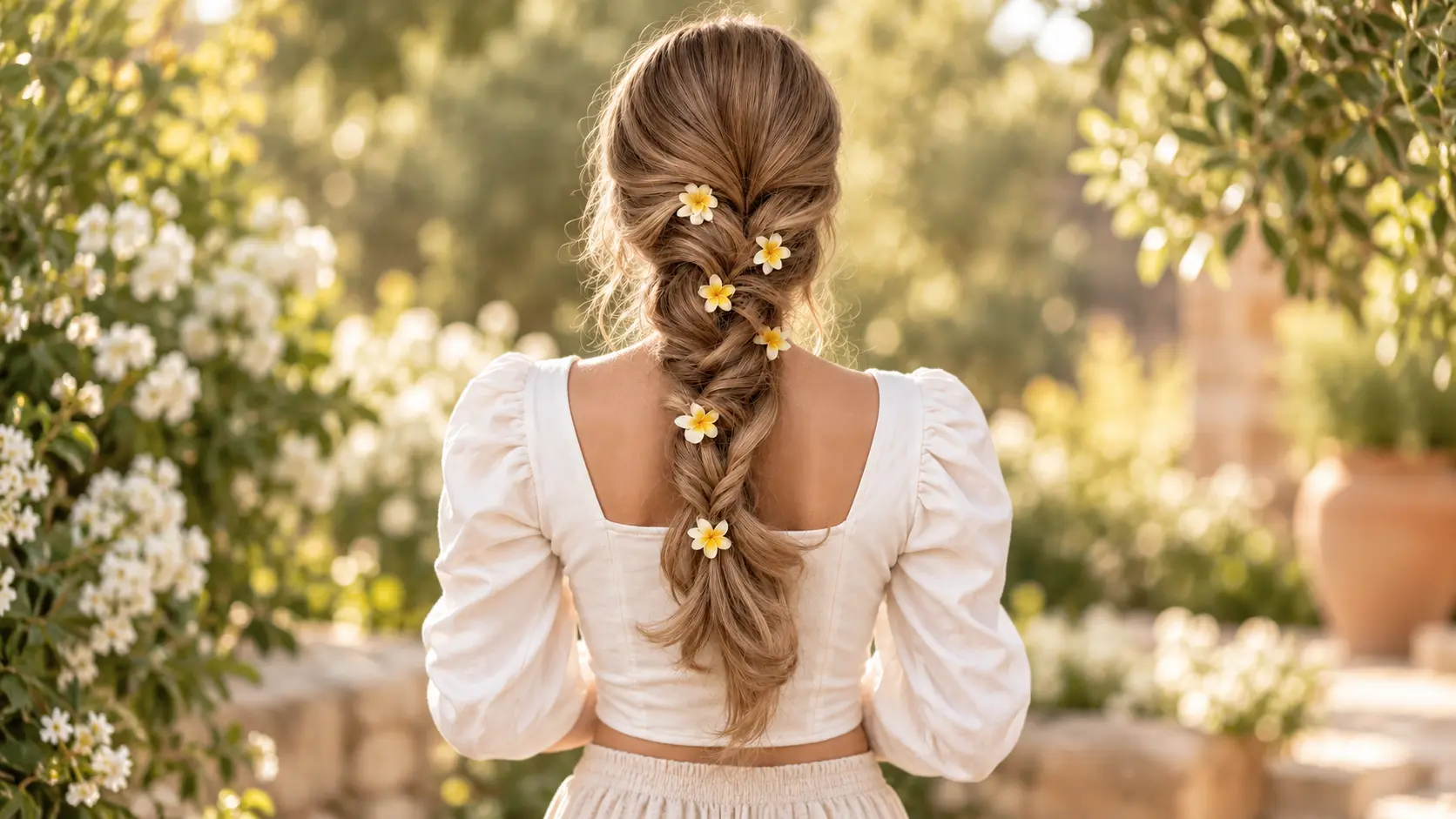 Back view of a woman with a loose boho braid decorated with white and yellow flowers in a sunlit garden.