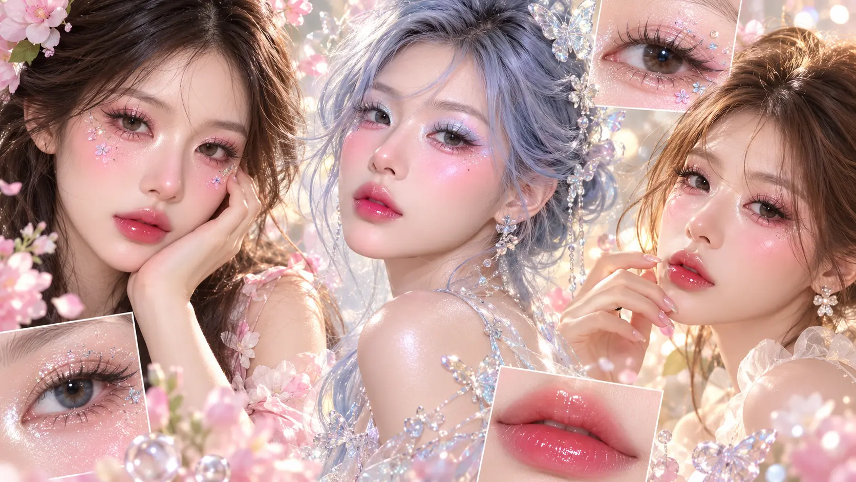 Douyin makeup looks featuring glossy lips, sparkling eyes, rosy blush, and dreamy soft glam beauty styles.