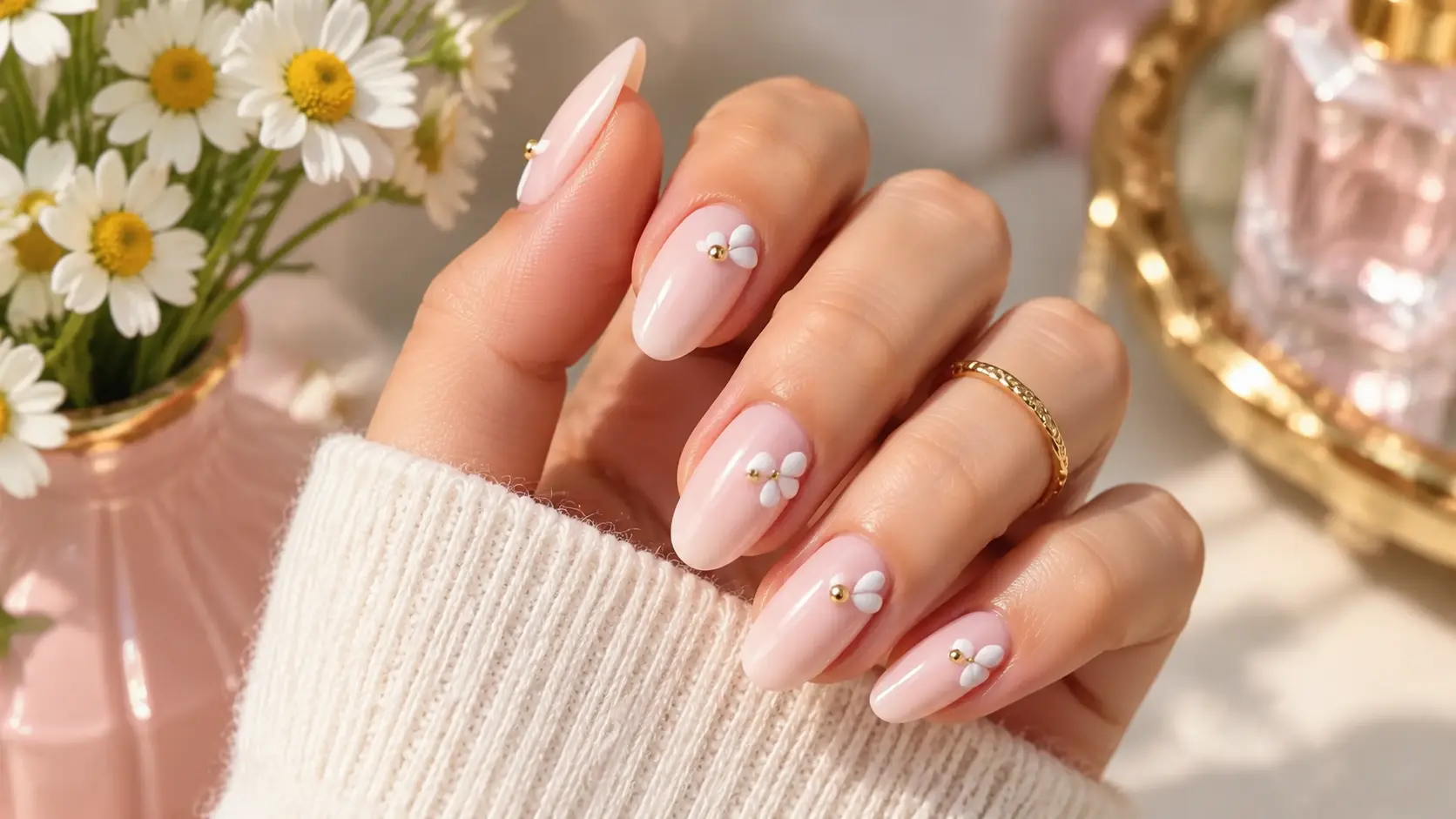 Easy nail ideas for beginners featuring cute light pink almond nails with tiny white daisy flowers and gold accents, perfect for a simple manicure.