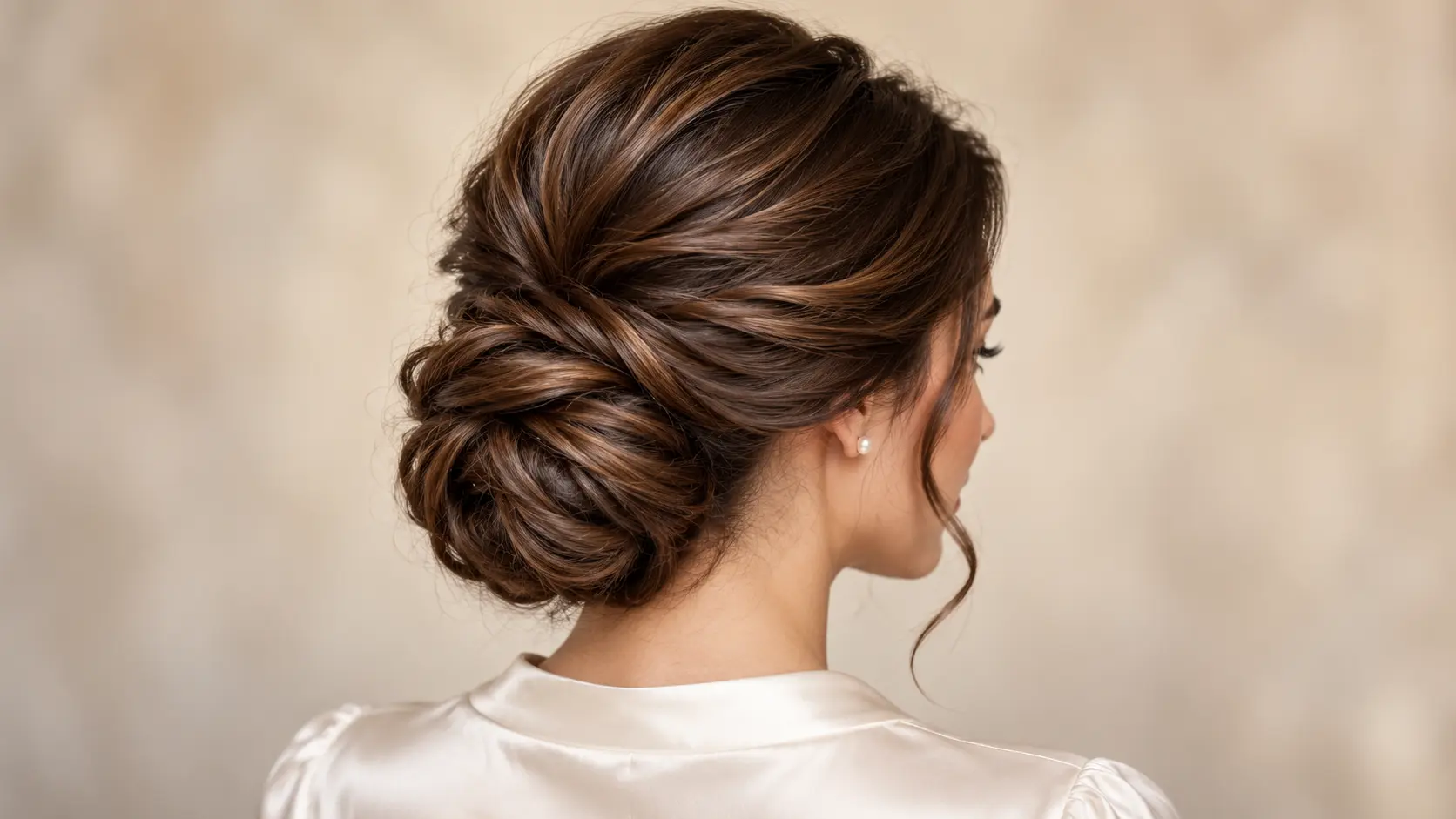 Elegant brunette updo with a textured low chignon, soft twists and a loose face-framing curl.