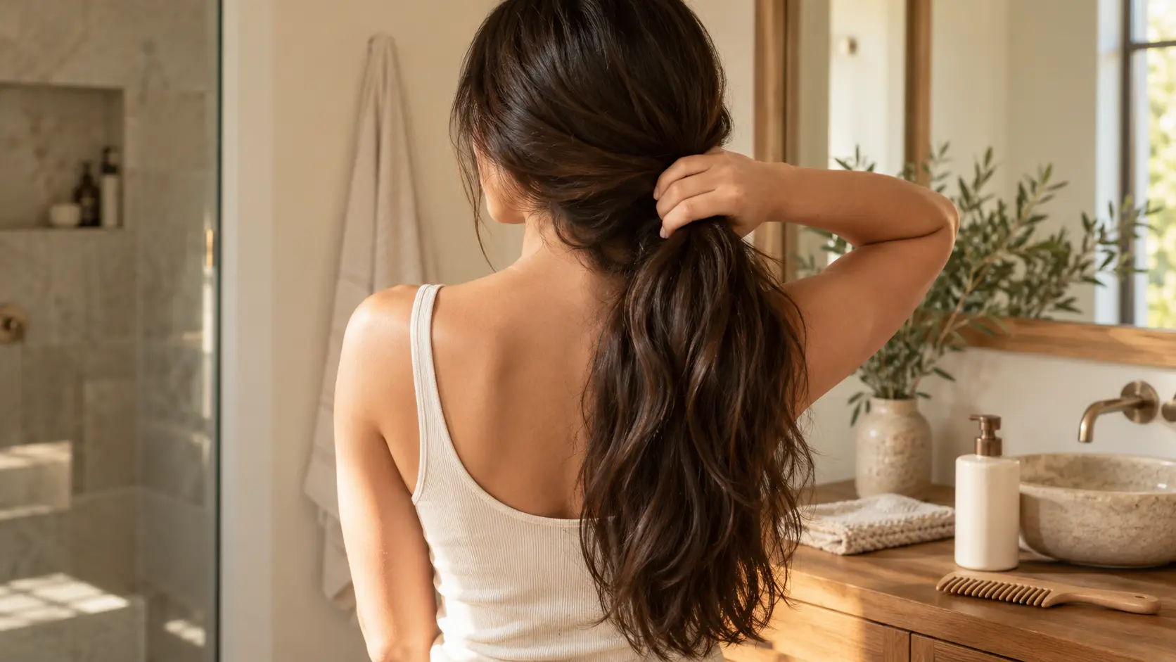Woman gently gathering her long dark hair over one shoulder in a softly lit bathroom