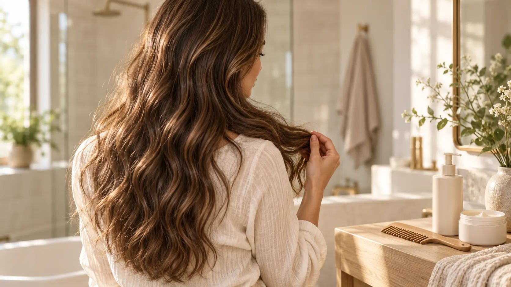 Woman gently holding her chestnut-brown hair ends beside a vanity with conditioner, a hair mask, and a wide-tooth comb.