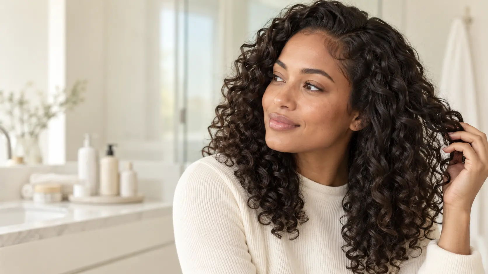 Woman with defined dark curls holding a section of her hair beside hair-care products.
